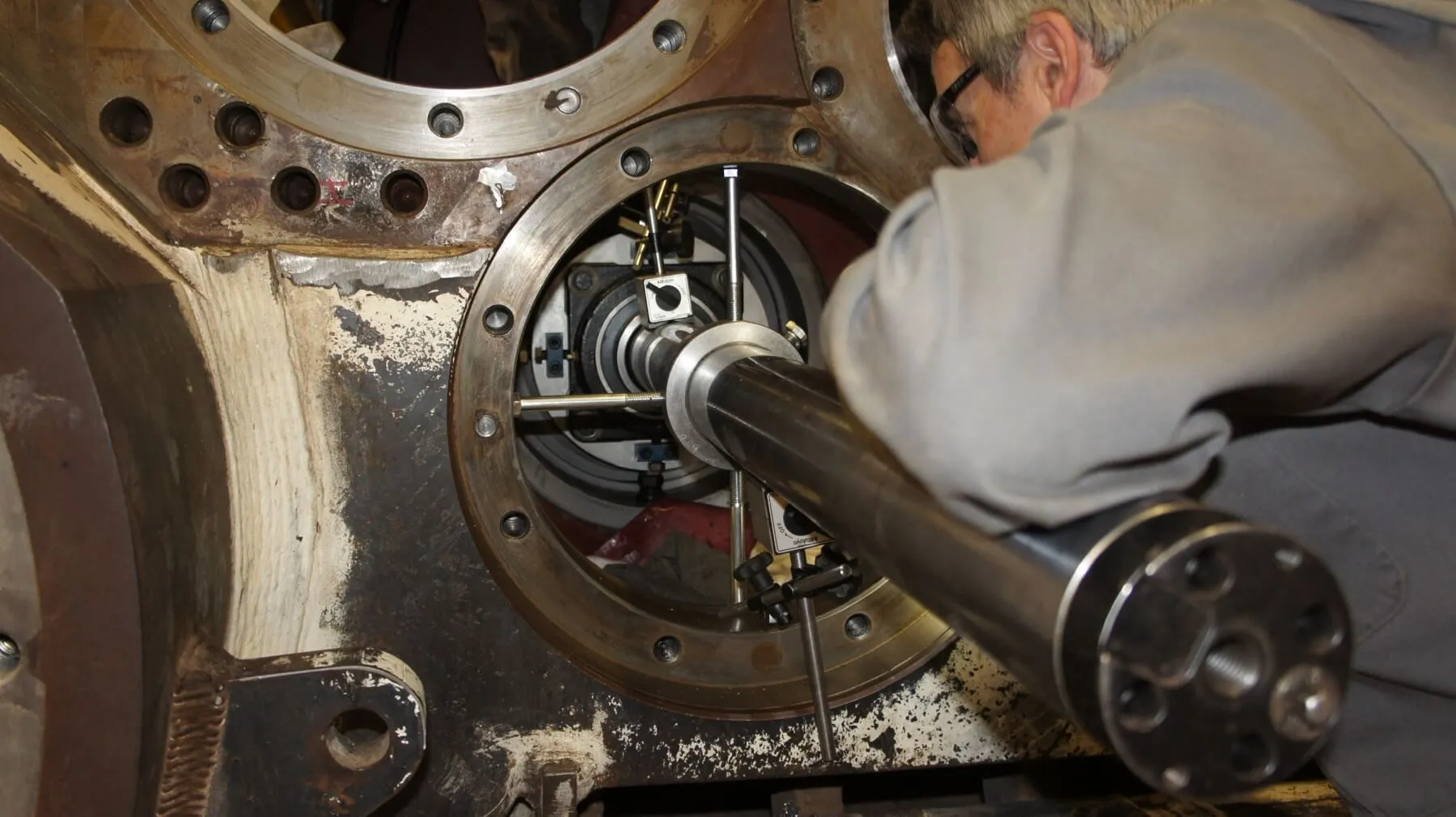 Line boring machinery in operation at industrial site