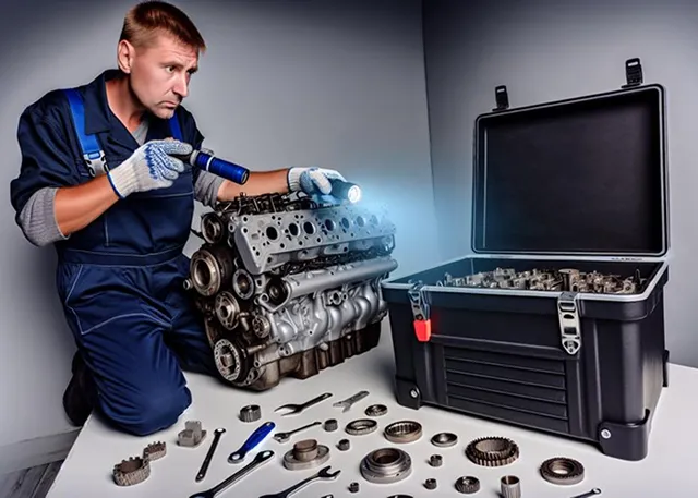 Technician performing engine diagnostics with specialized equipment